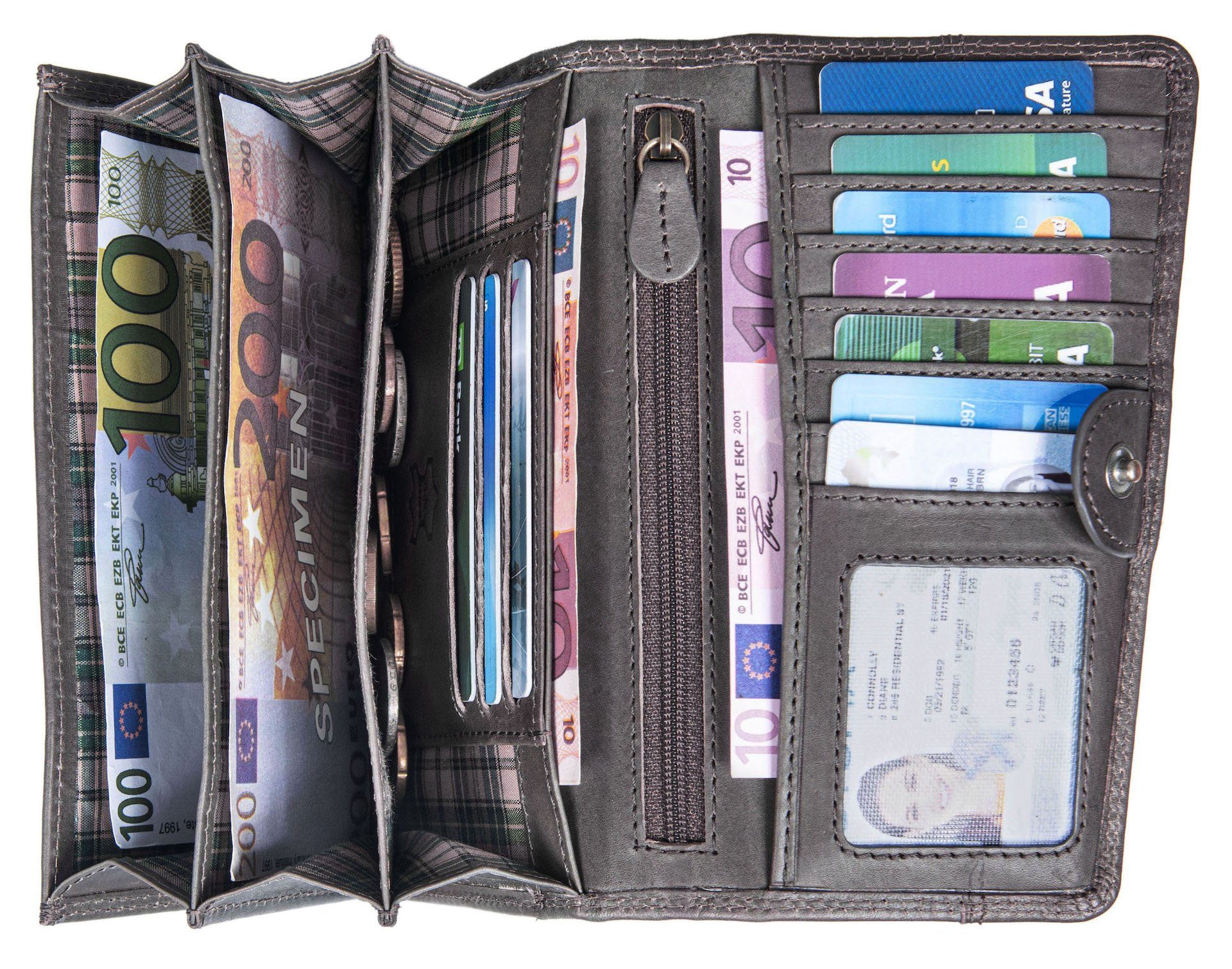 Benthill Geldbörse Damen Groß Echt Leder Portemonnaie Geldbeutel vielen Kartenfächer RFID, RFID-Schutz Kartenfächer Münzfach Reißverschlussfach