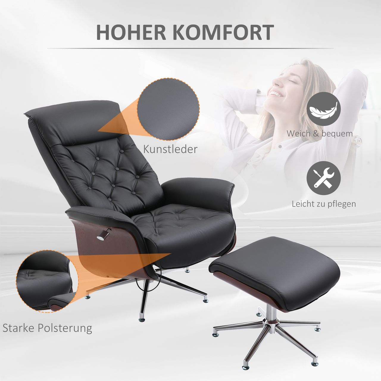 HOMCOM Relaxsessel mit Hocker Fernsehsessel Polstersessel 360° drehbar 145° neigbar Chesterfield PU-Bezug Holzverkleidung Metallfuß Schwarz 82 x 83 x 110 cm