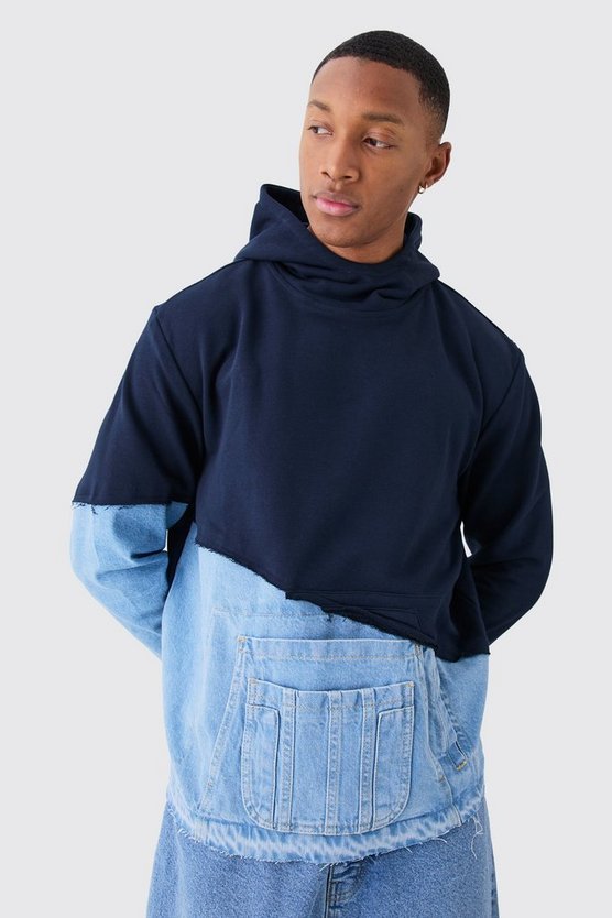 Kastiger gespleißter Jersey-Hoodie mit Denim-Streifen
