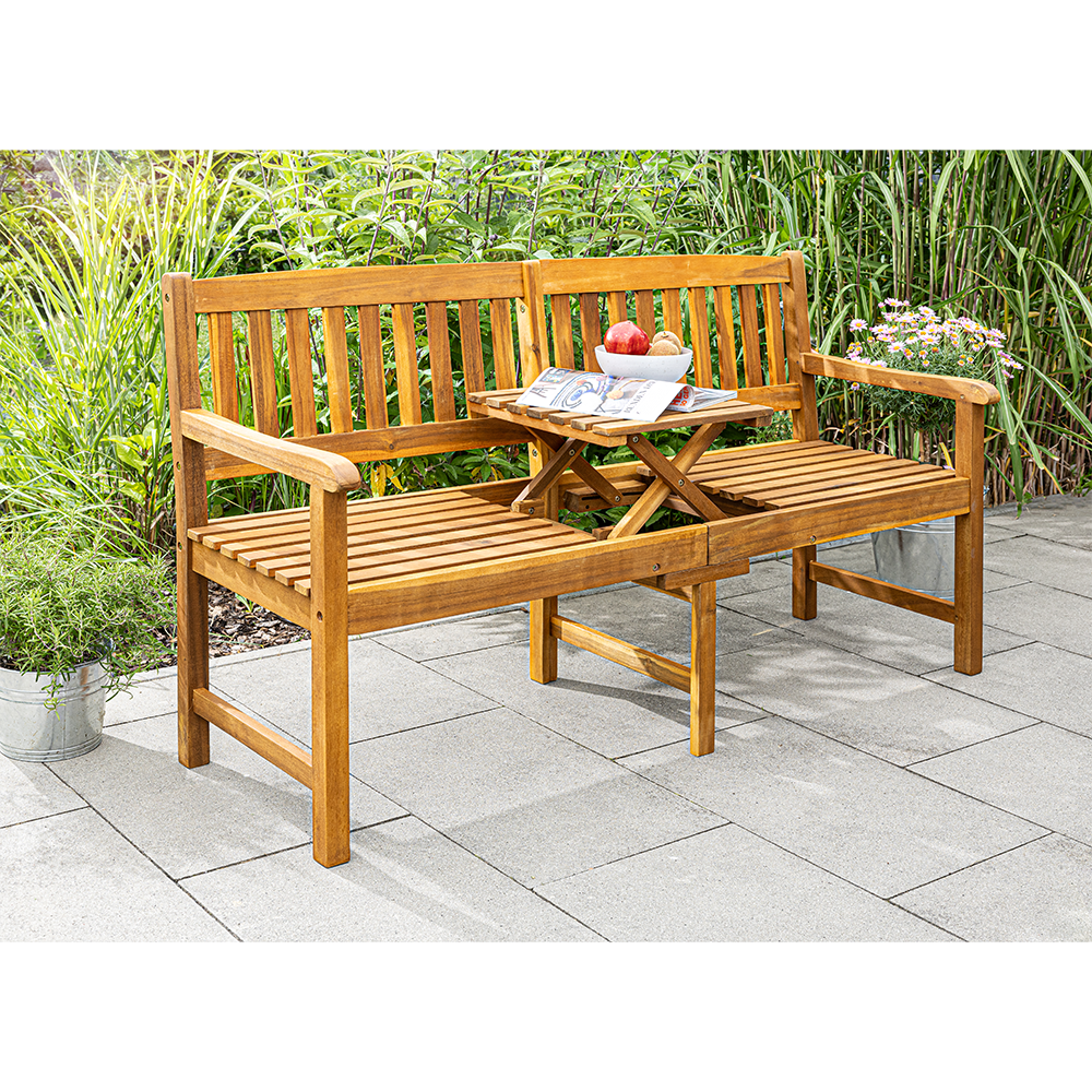 HC Garten & Freizeit Holzbank Gartenbank Sitzbank mit höhenverstellbaren Tisch, 153 x 57 x 88 cm, Akazie