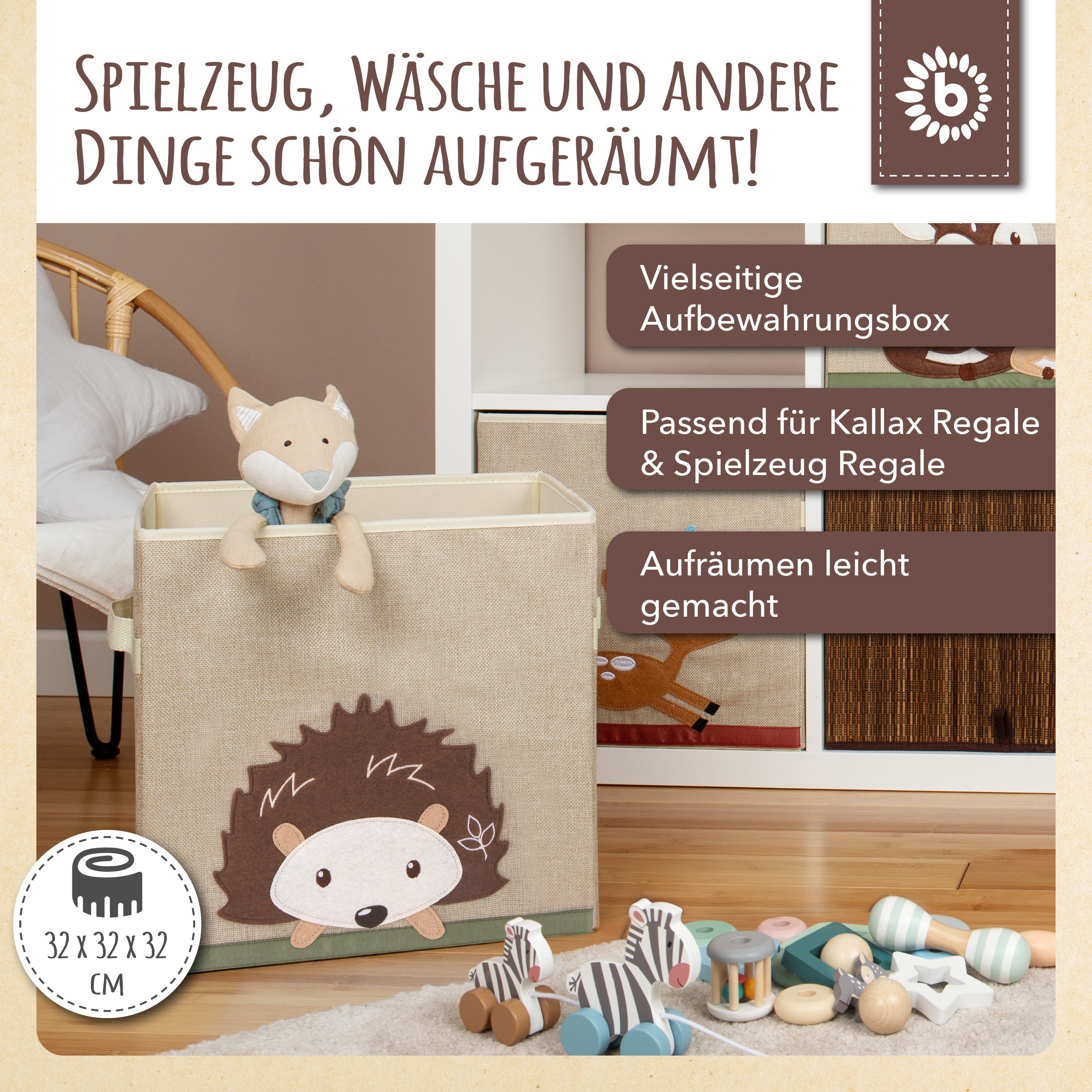 BIECO Spielzeugtruhe Bieco Aufbewahrungsbox Kinder Igel Motiv ca. 36L faltbar Süße Spielzeug Kiste für Kallax Regal Aufbewahrungsbox 33x33x33 Kallax Boxen für Spielzeug Aufbewahrung Storage Box Kallax Korb