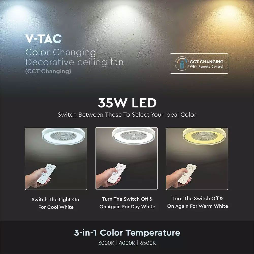 V-TAC Deckenventilator, LED Decken Ventilator Leuchte Fernbedienung Tageslicht Lampe