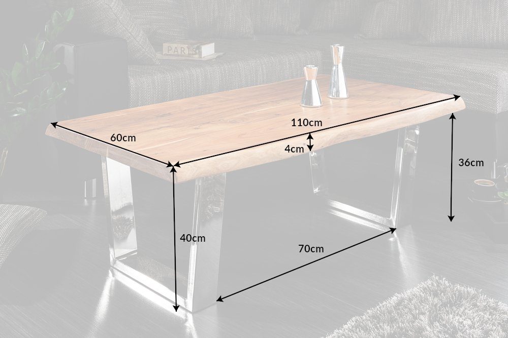 riess-ambiente Couchtisch MAMMUT 110cm honigfarben / silber (Einzelartikel, 1-St), Wohnzimmer · Massivholz · Baumkante · Edelstahl · Industrial