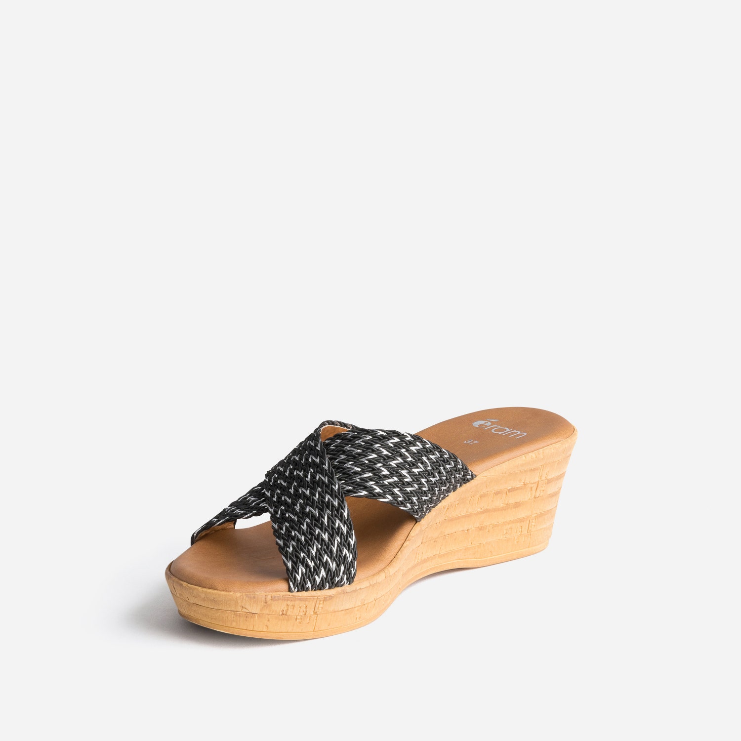 Mule compensée noire à brides tressées argent