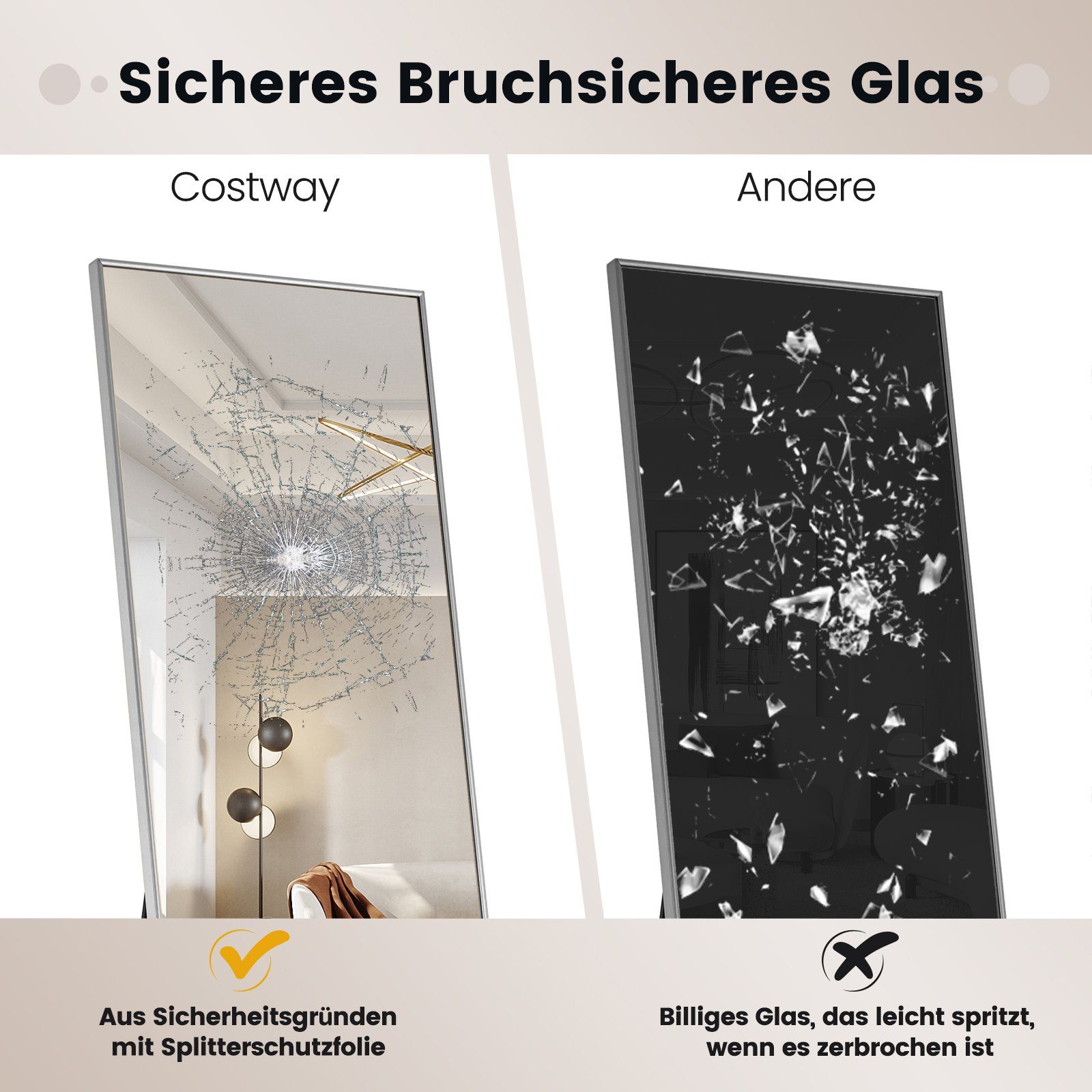COSTWAY Ganzkörperspiegel, stehend/ wand, mit Rahmen, 160 x 40 cm, 2 in 1