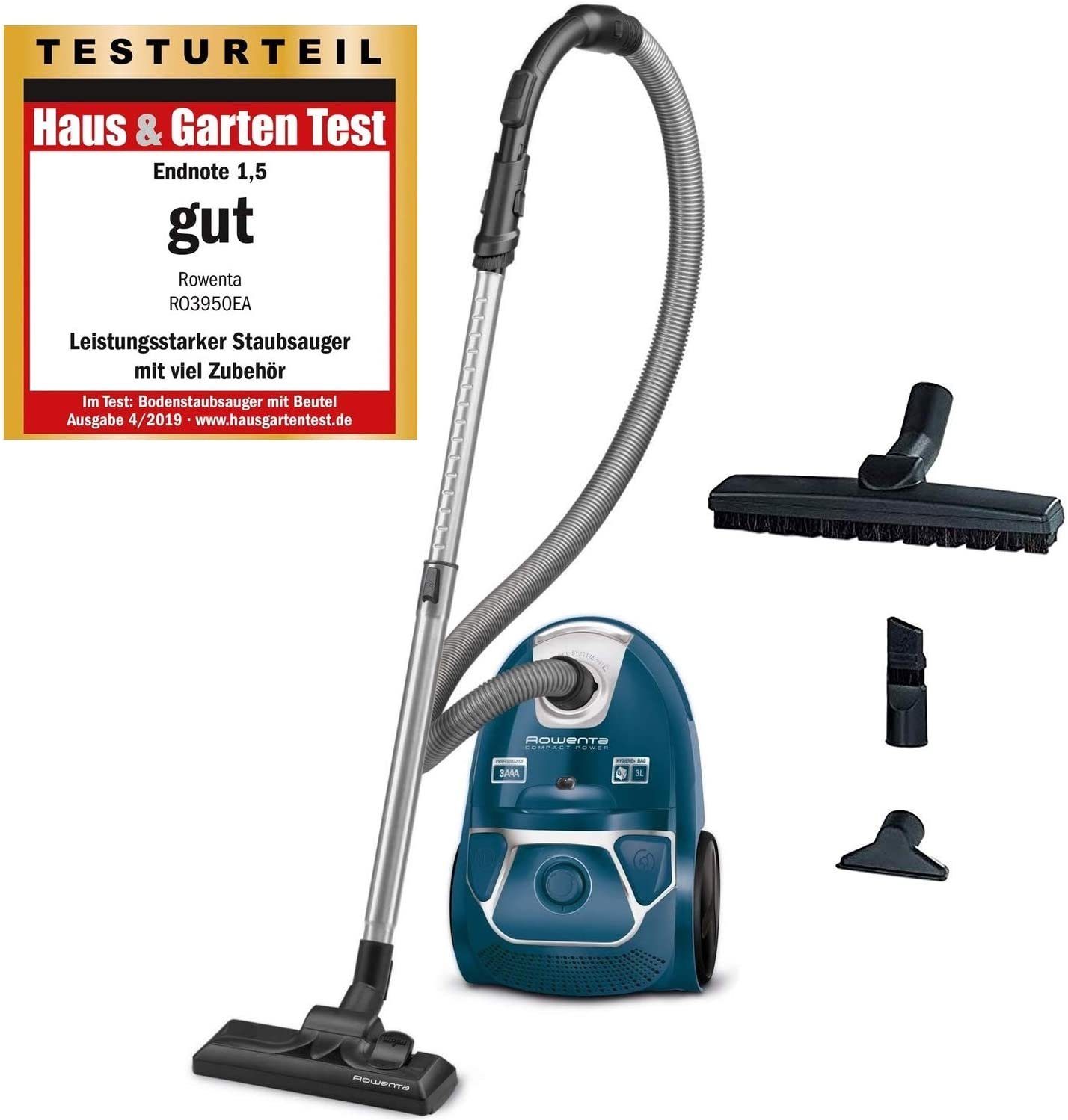 Rowenta Bodenstaubsauger RO3950, 750 W, mit Beutel, Rowenta RO3950 Staubsauger mit Beutel Compact Power Bodenstaubsauger (AAA-Energie-Label, 750 Watt, 3L Staubvolumen, Staubfüllanzeige, inkl. Zubehör, integrierter Tragegriff) blau