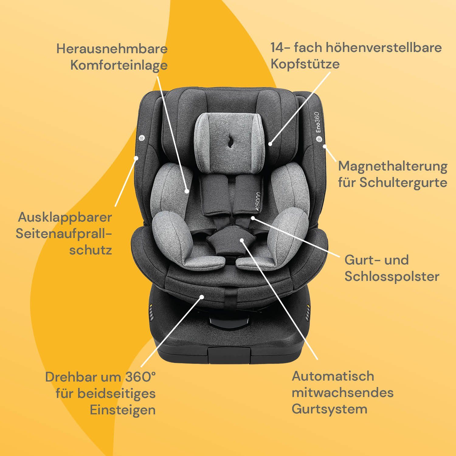 Osann Autokindersitz Eno360 i-Size, ab: Geburt, bis: 12 Jahre, drehbarer Reboarder mit Isofix und Top-Tether - 40-150 cm
