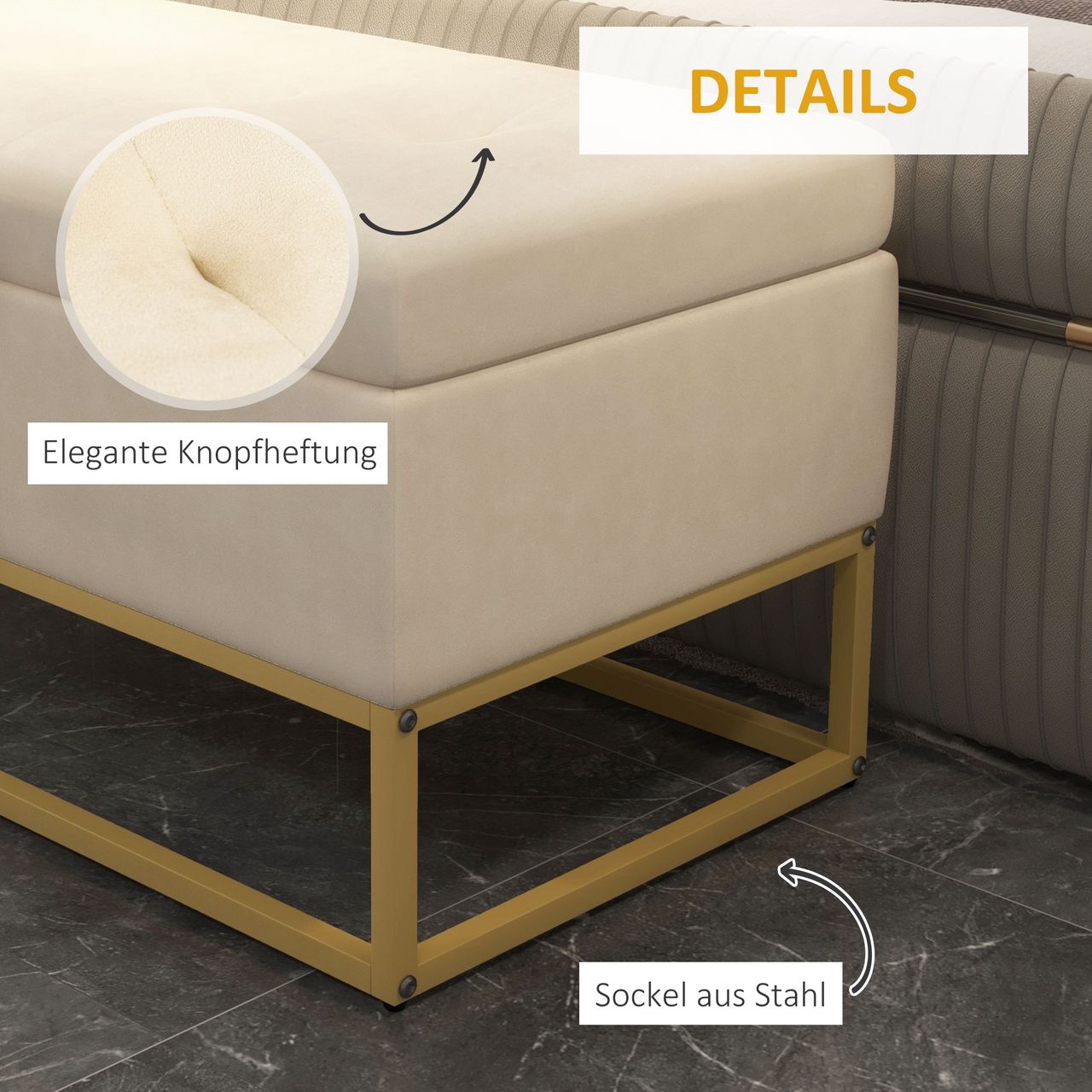 HOMCOM Sitzbank mit Stauraum, Polsterbank, Bettbank mit Samtoptik, Stahl, Beige