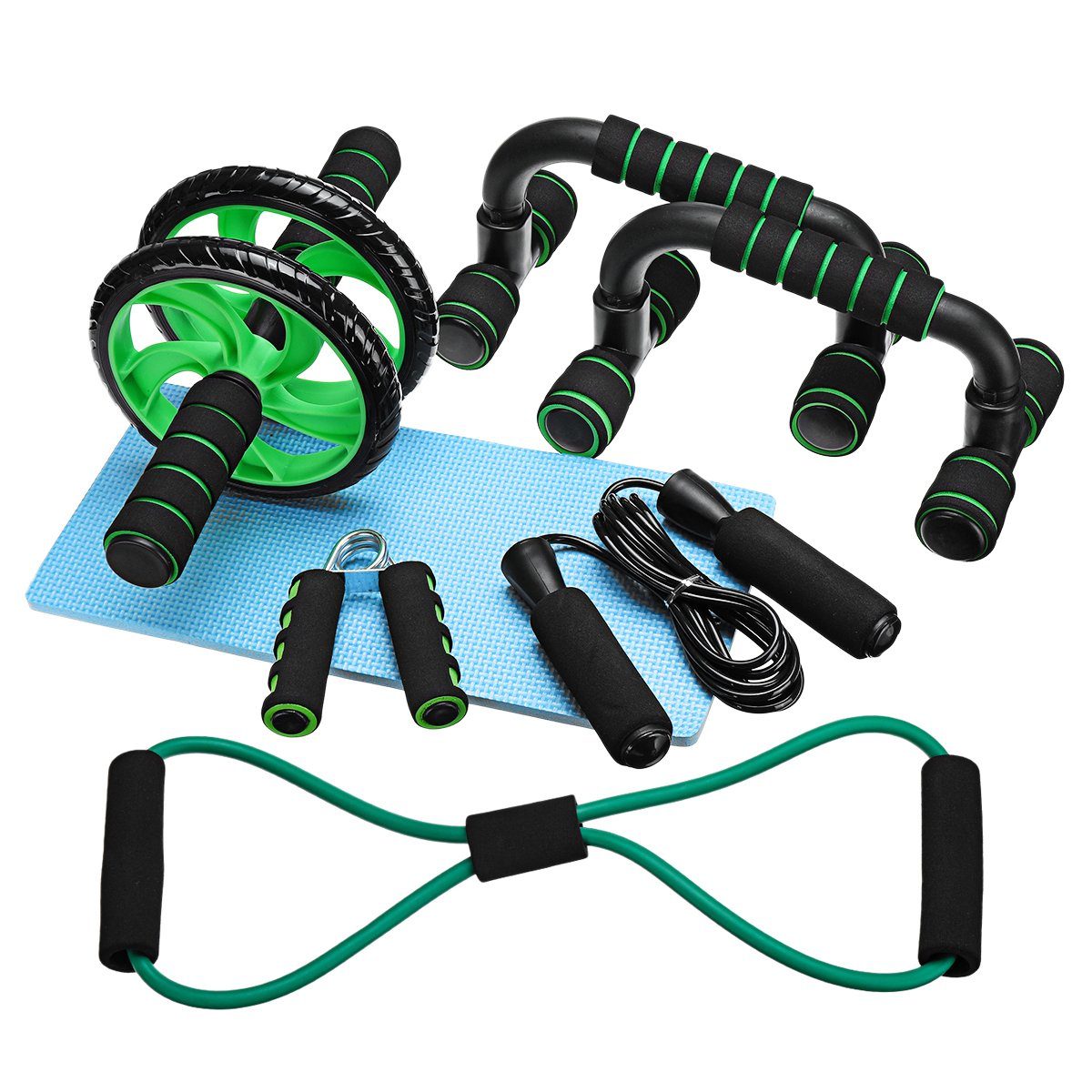 NASUM Fitnessmatte Hochwertiges Fitness-Set mit 7 Teilen in Schwarz/Grün (7-St), Perfektes Set für Ganzkörper Training