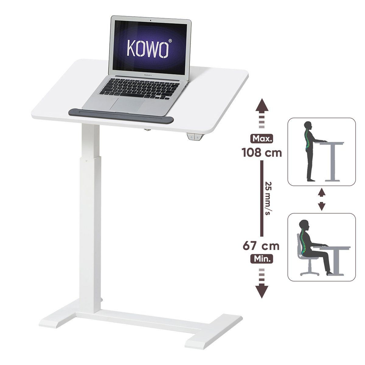 KOWO Laptoptisch Bett- und Beistelltisch mobil, Höhenverstellbar Laptoptisch Elektrisch, Modern C Form Beistelltisch, 70 x 40 x (67-108) cm (B x T x H)