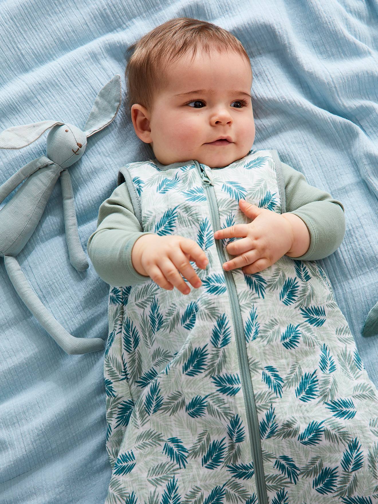 Vertbaudet Ärmelloser Baby Sommerschlafsack TROPICAL personalisierbar Oeko Tex - grün
