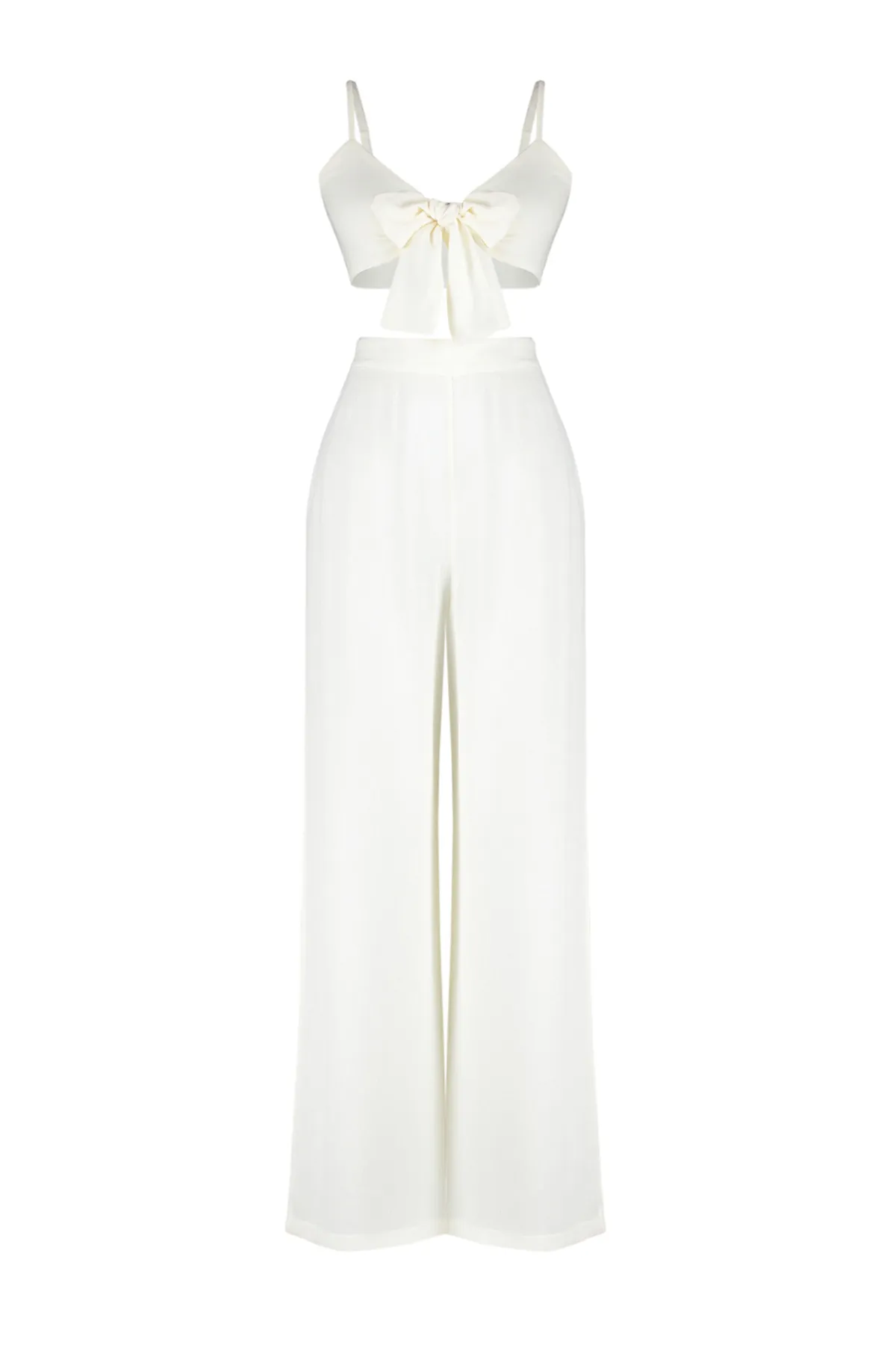 Trendyol Collection  Ecru gewebtes Set mit gebundener Bluse und Hose TBESS22AU0108