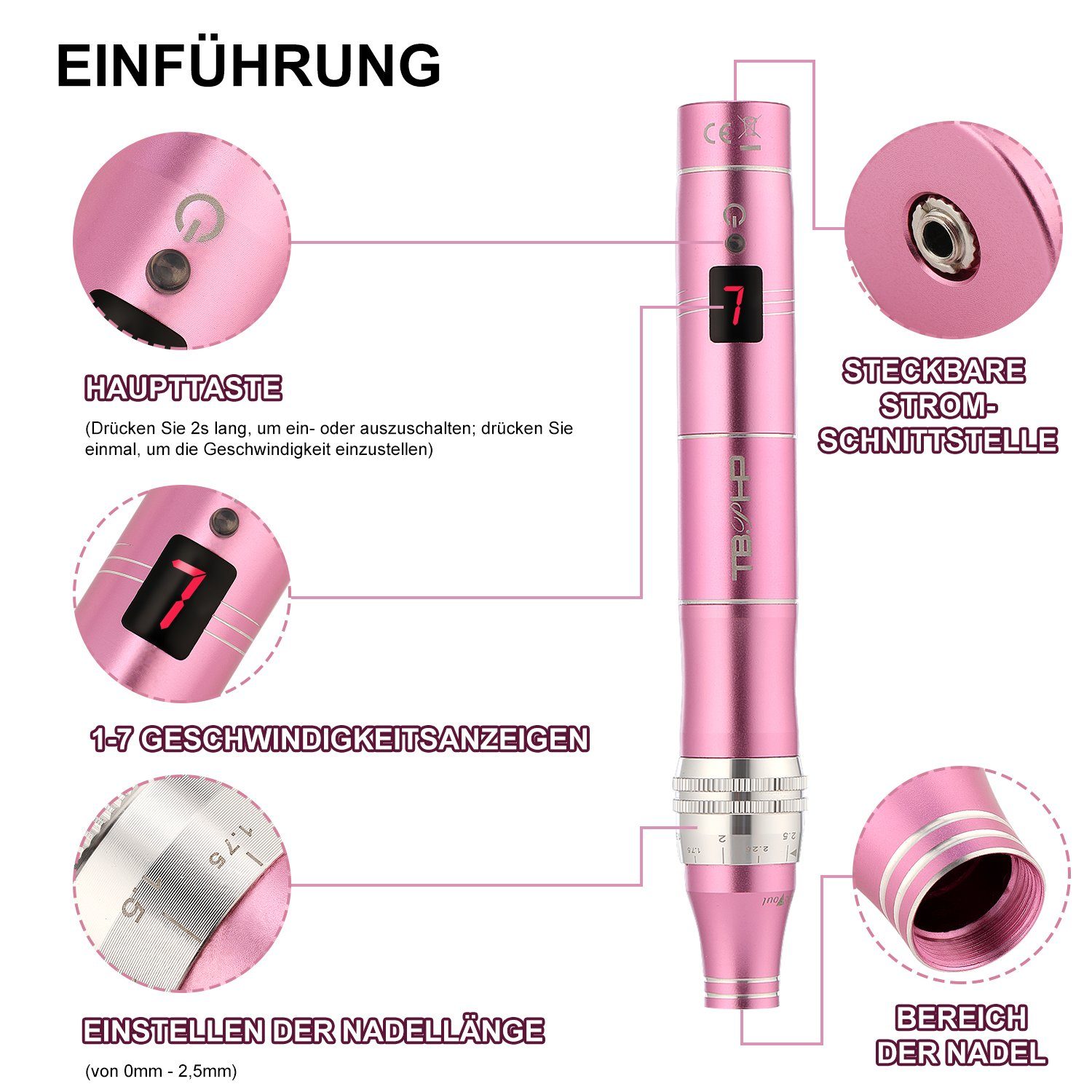 LETGOSPT Mikrodermabrasionsgerät Profi Dermapen, Elektrische Microneedling Pen 0mm-2.5mm, Mit 7 Stufen, für Gesicht Hautverjüngung(Inkl.12 köpfe Patronen)
