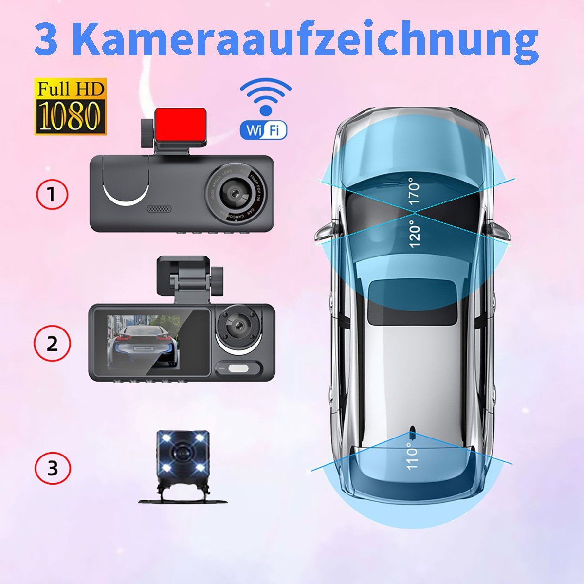 Yoyaxi Umfassende Autoüberwachung mit 3 Kanälen Dashcam (Infrarot-Nachtsicht, wasserdicht, Loop-Aufnahme für mehr Sicherheit)