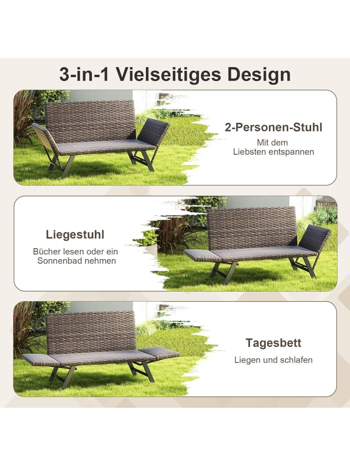 COSTWAY Polyrattan Gartenbank mit Liegefunktion in Grau günstig kaufen onesize