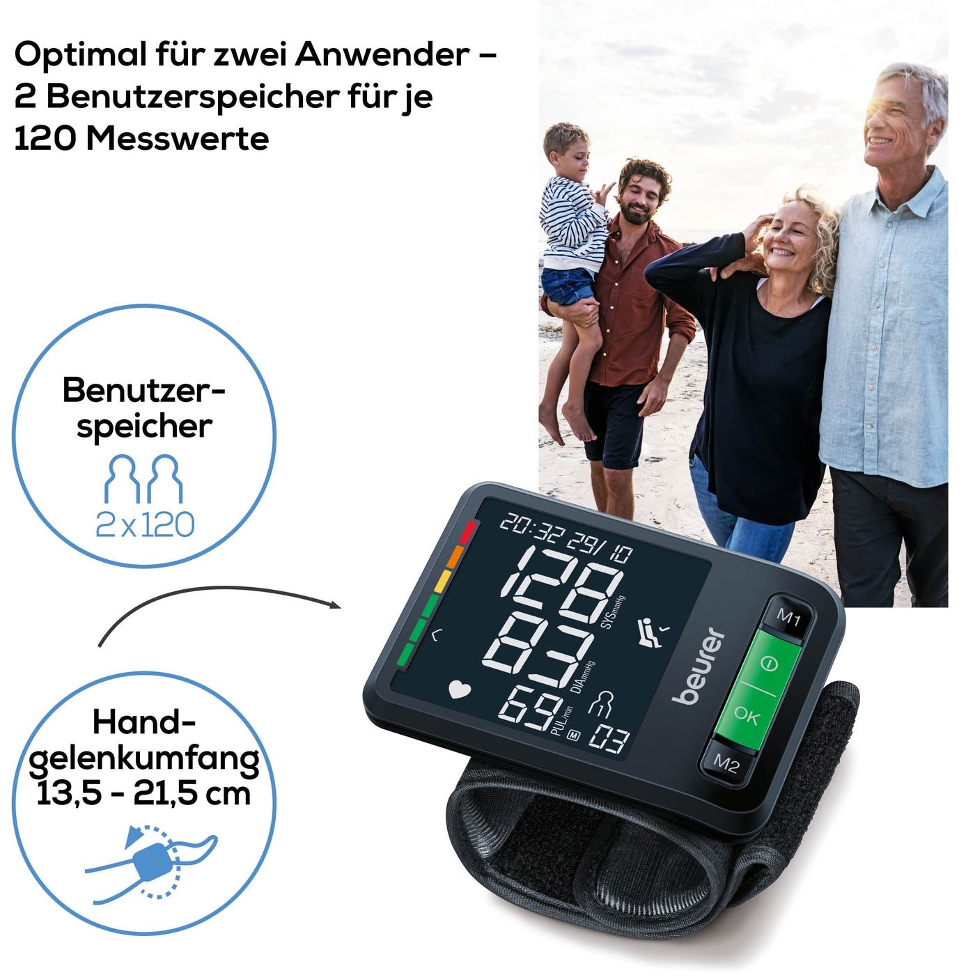 Beurer Handgelenk-Blutdruckmessgerät BC 87 <i>Bluetooth</i>®-Sanfter Druckaufbau und schnelle Messzeiten für komfortables Blutdruckmessen