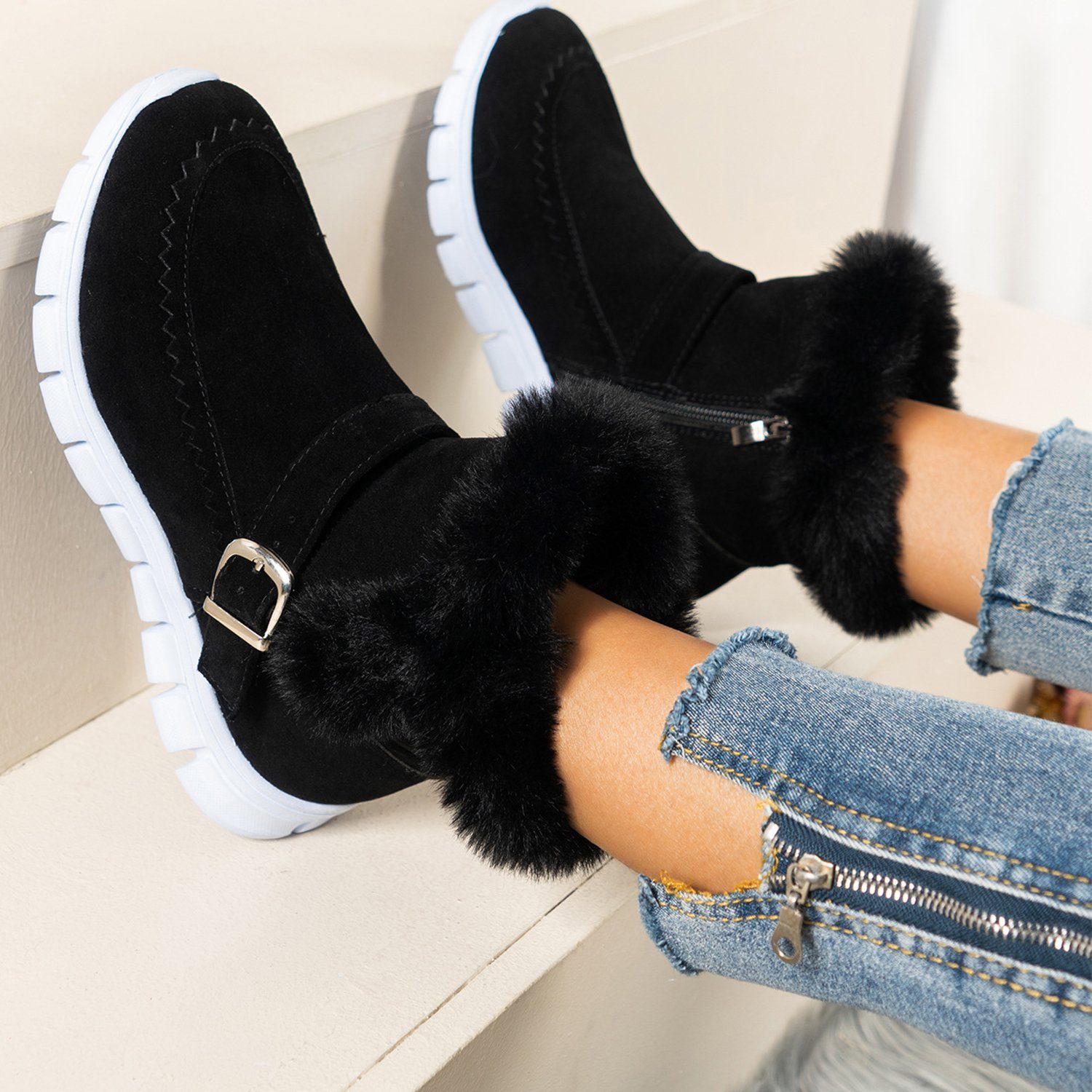 Daisred Winterstiefel Damen Stiefeletten Plüsch Fleece Winter Warm Snowboots