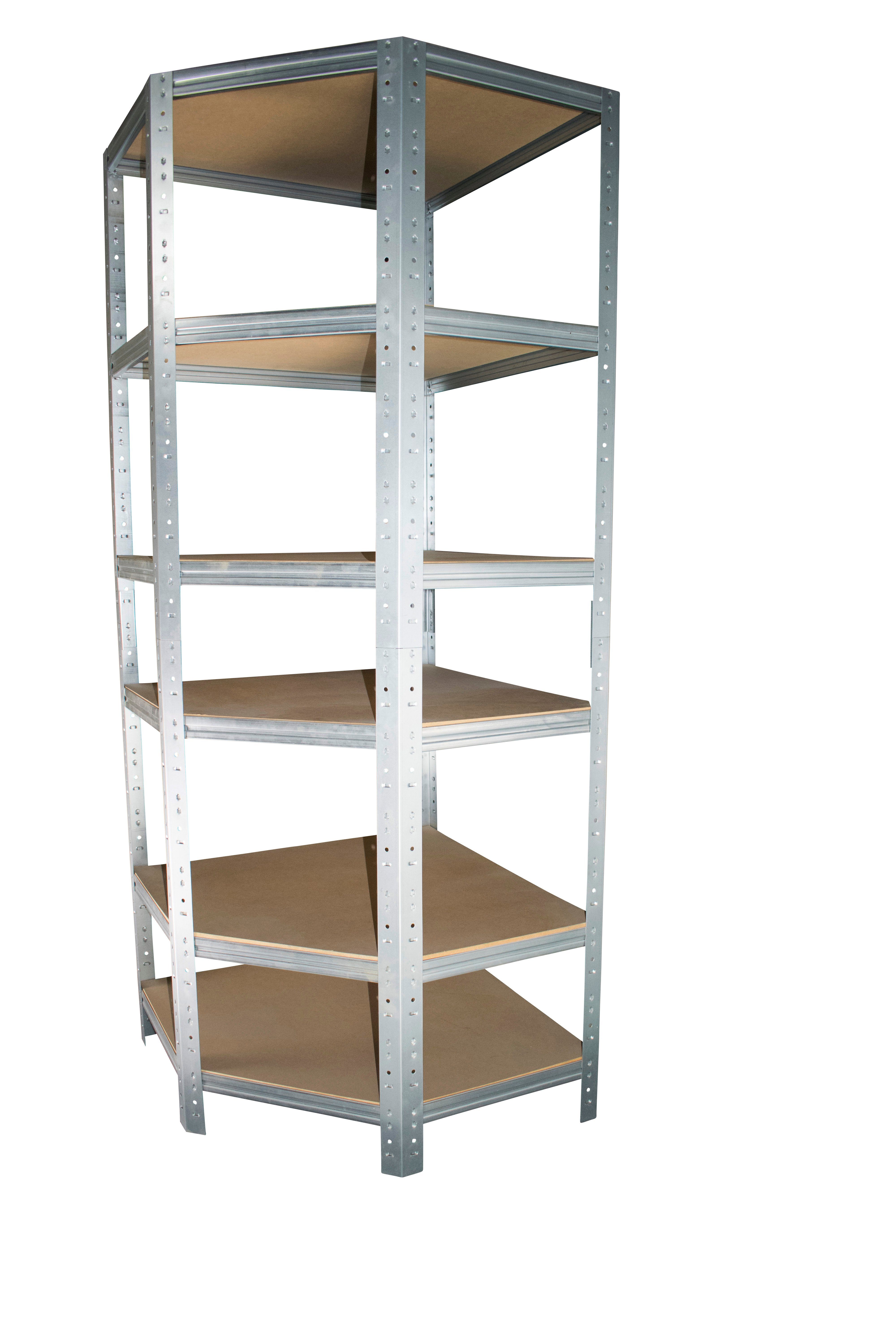shelfplaza Eckregal HOME, 230x90x60cm verzinkt, Metall Eckregal stehend mit 6 Böden, Corner Shelf 145kg Tragkraft Schwerlastregal Ecke, Steckregal verzinkt Eckregal Keller Garagen Regal