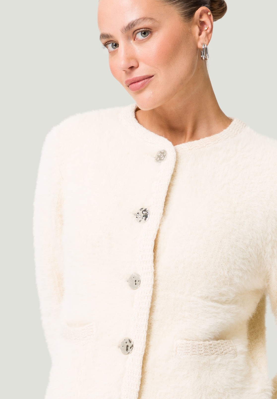 Teddy-Strickjacke mit Knopfleiste