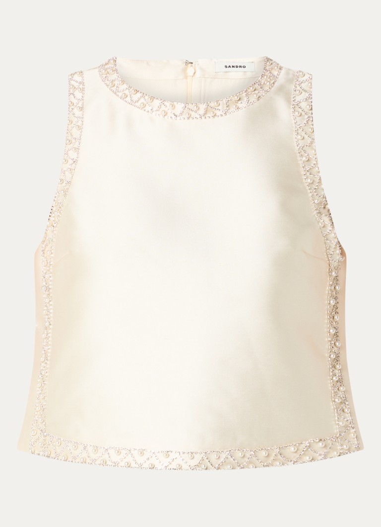 Sandro satin top with rhinestones and faux pearls