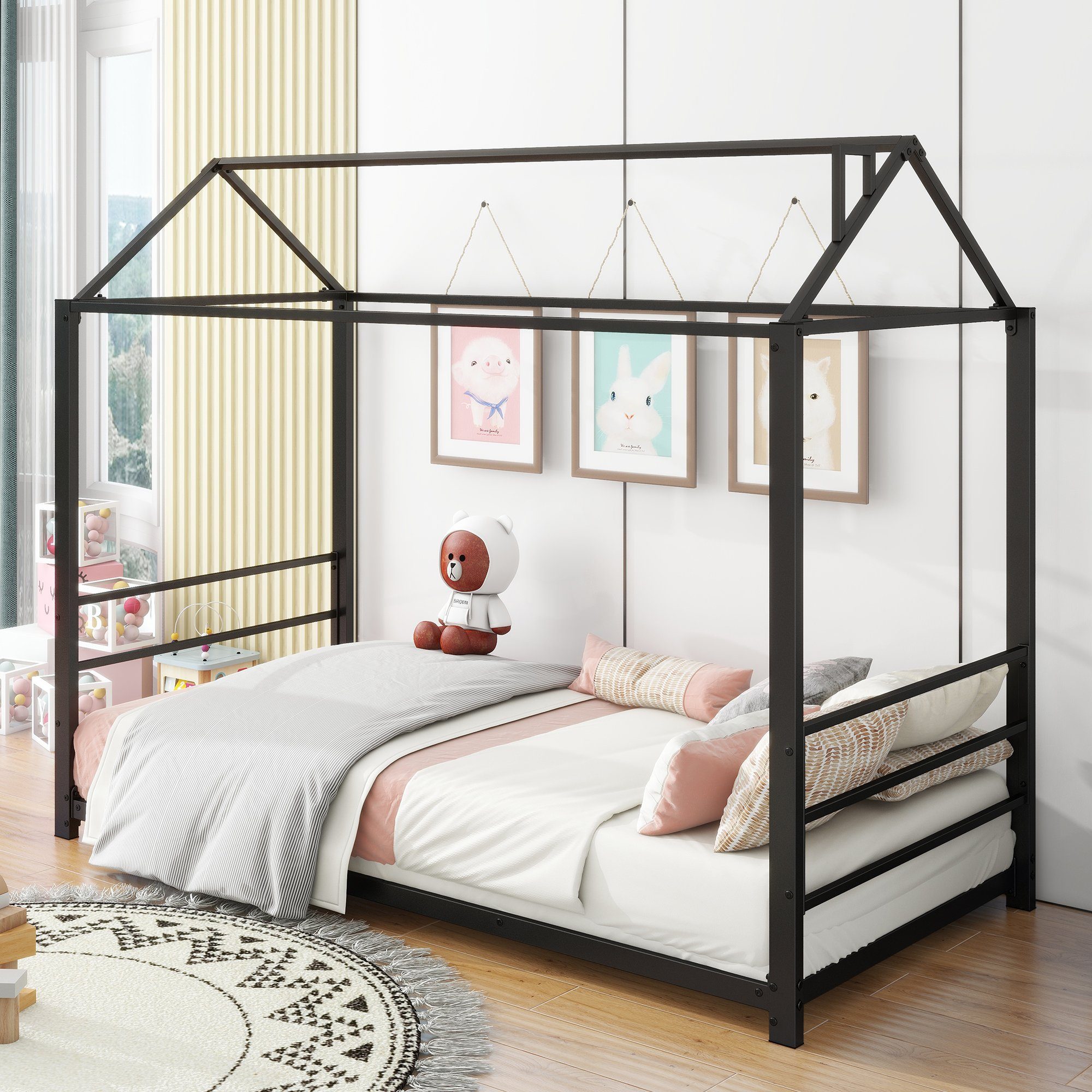 Celya Metallbett 90 x 200cm Kinderbetten,Hausmodellierende Kinderbetten, Einzelbetten, Plattform, Schwarz
