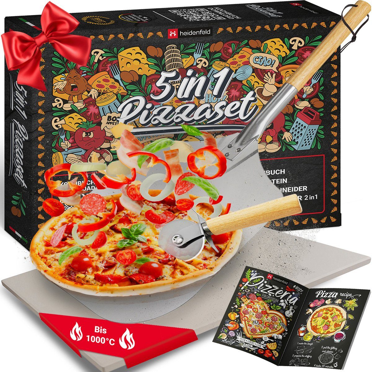 Heidenfeld Pizzastein für Backofen Pizza Set 5in1 bis zu 1000 °C inkl. Rezeptbuch, Pizzastein aus Cordierit, (Pizzaschieber rechteckig mit großer Fläche, Ofen Back Zubehör, 5-St., 