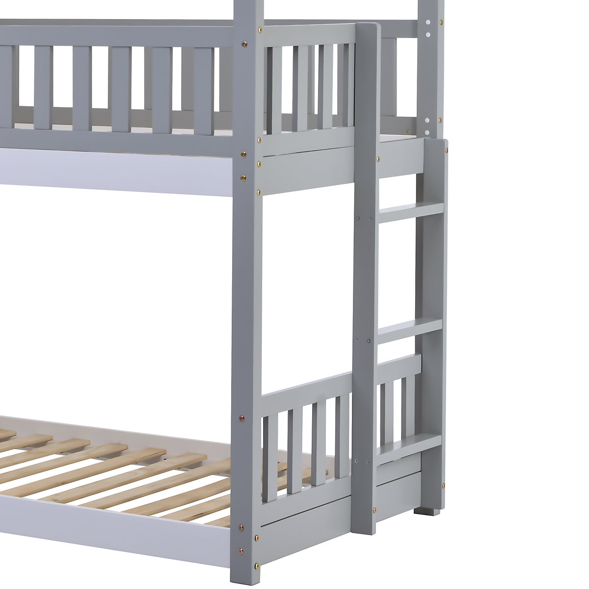 Etagenbett mit rechtwinkliger Leiter, mit Fallschutz und Barriere, Kiefernholz