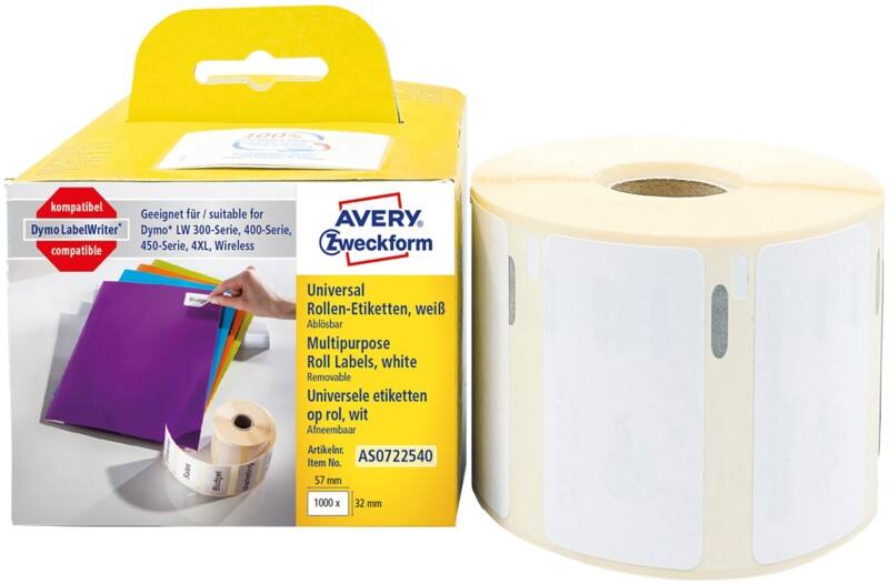 AVERY Zweckform Universaletiketten Kompatibel AS0722540 Selbsthaftend Weiß 32 x 57 mm Thermal 1 Rolle à 1000 Etiketten