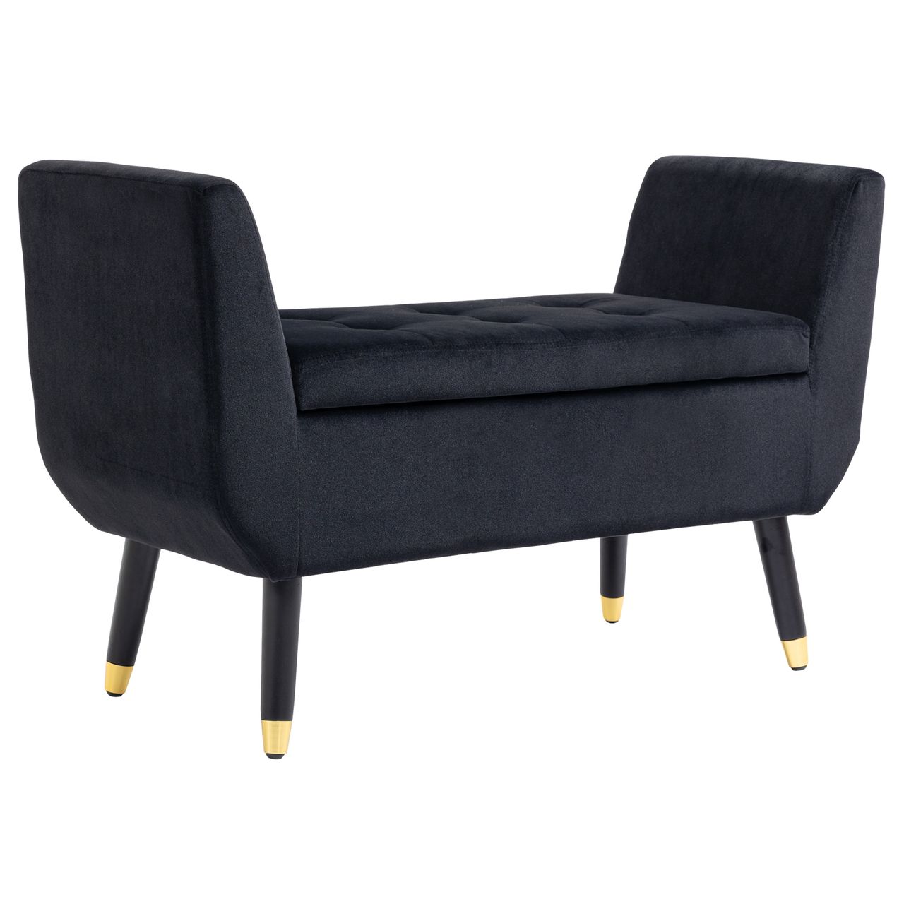 HOMCOM Luxus Sitzbank Polsterbank mit Stauraum Armlehnen Truhenbank Samtartiges Polyester Gummiholz Schwarz 107 x 42 x 65 cm