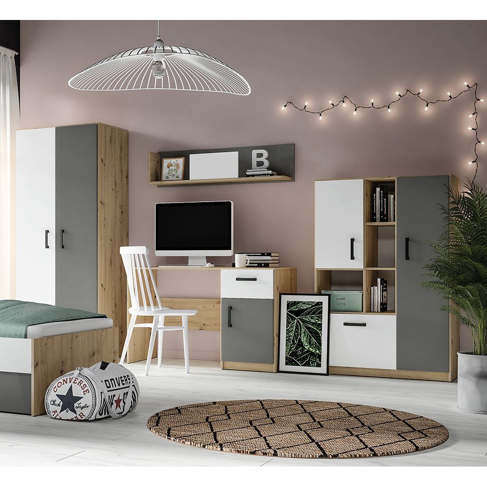Lomadox Jugendzimmer-Set FYLI-131, (Sparset, 4-tlg), inkl. Schrank in Artisan Eiche Nb. mit weiß/anthrazit 332/165/53 cm