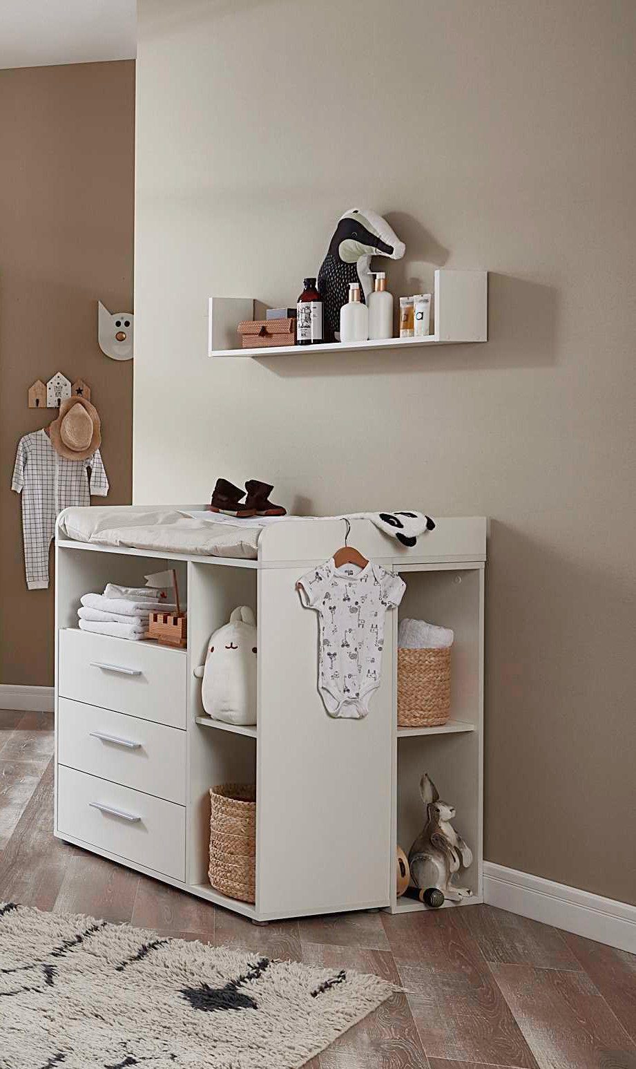 moebel-dich-auf Babyzimmer-Komplettset ALIYA 6, (in weiß, Babybett + Wickelkommode + Unterbauregal-Set + Kleiderschrank 4-türig), optional mit Matratze, Umbauseiten-Set oder Textil-Set