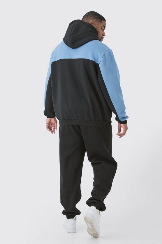 Plus Blauer Colorblock Man Roman Trainingsanzug mit Kapuze