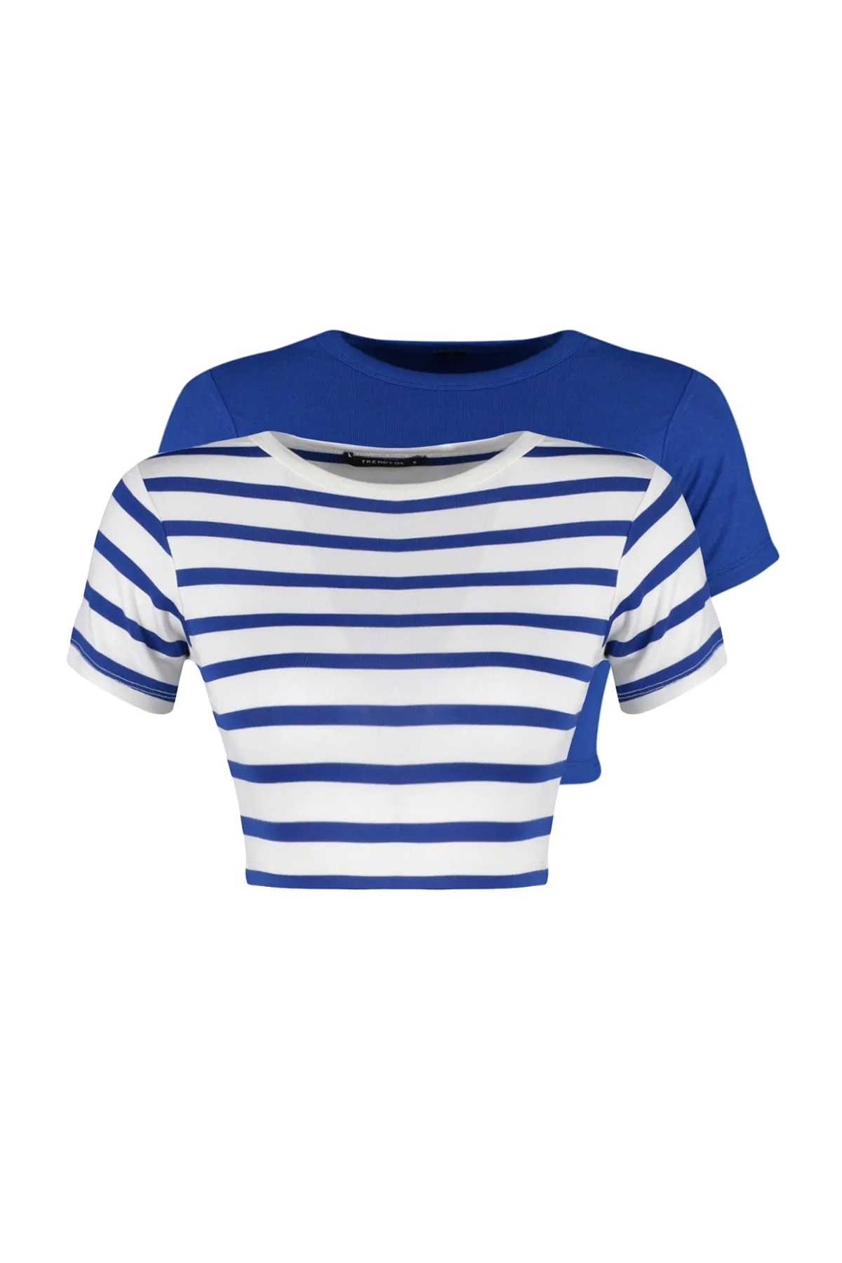 Trendyol Collection  Premium Saks-Ecru Saks Gestreifte 2er-Pack Viskose/weicher Stoff Kurze Stretch Strickbluse TWOSS23BZ00194