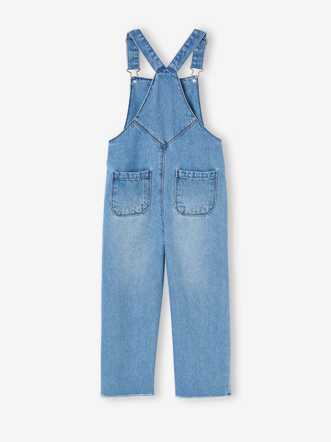 Salopette en jean fille broderie fleur fantaisie stone