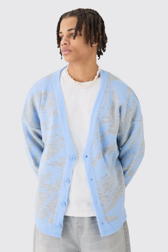 Kastiger Oversize Jacquard-Cardigan mit abstraktem Print