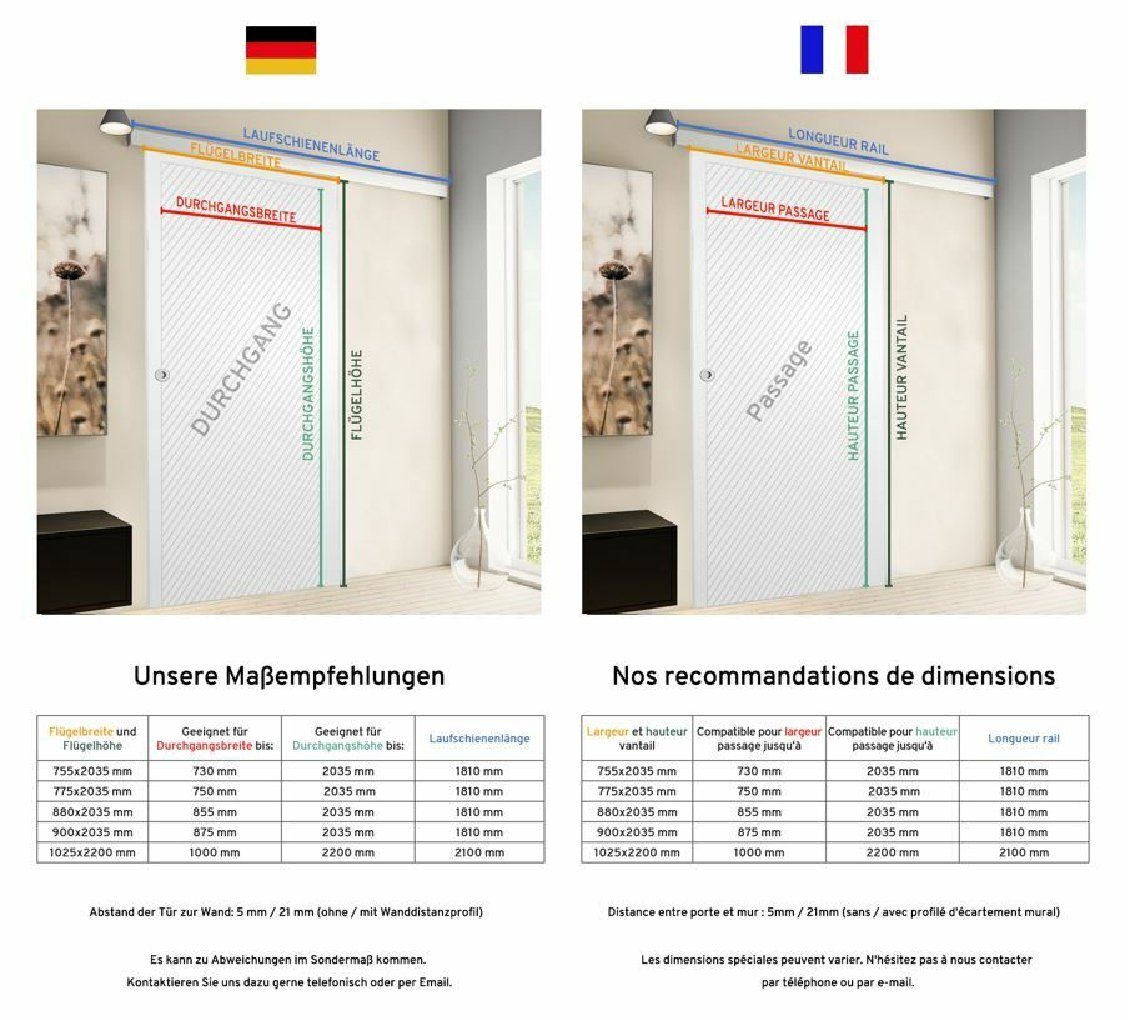 inova wohnen Schiebetür Holzschiebetür Weiß (inkl. Griffmuschel und Schienensystem), 75,5 x 203,5 cm
