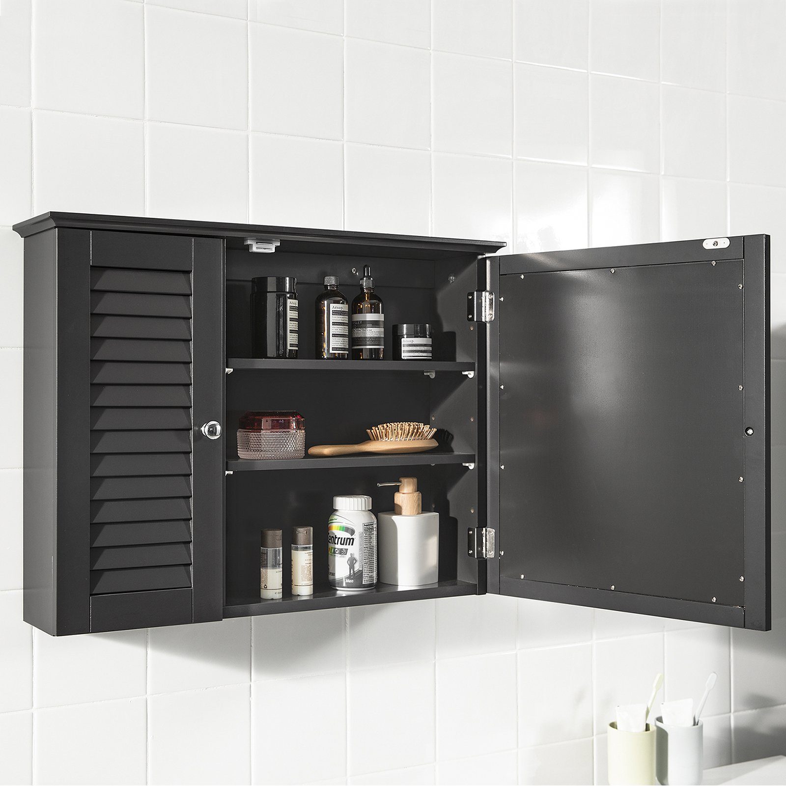SoBuy Badezimmerspiegelschrank BZR55 mit Lamellentür Hängeschrank mit Spiegeltür Wandschrank Badschrank