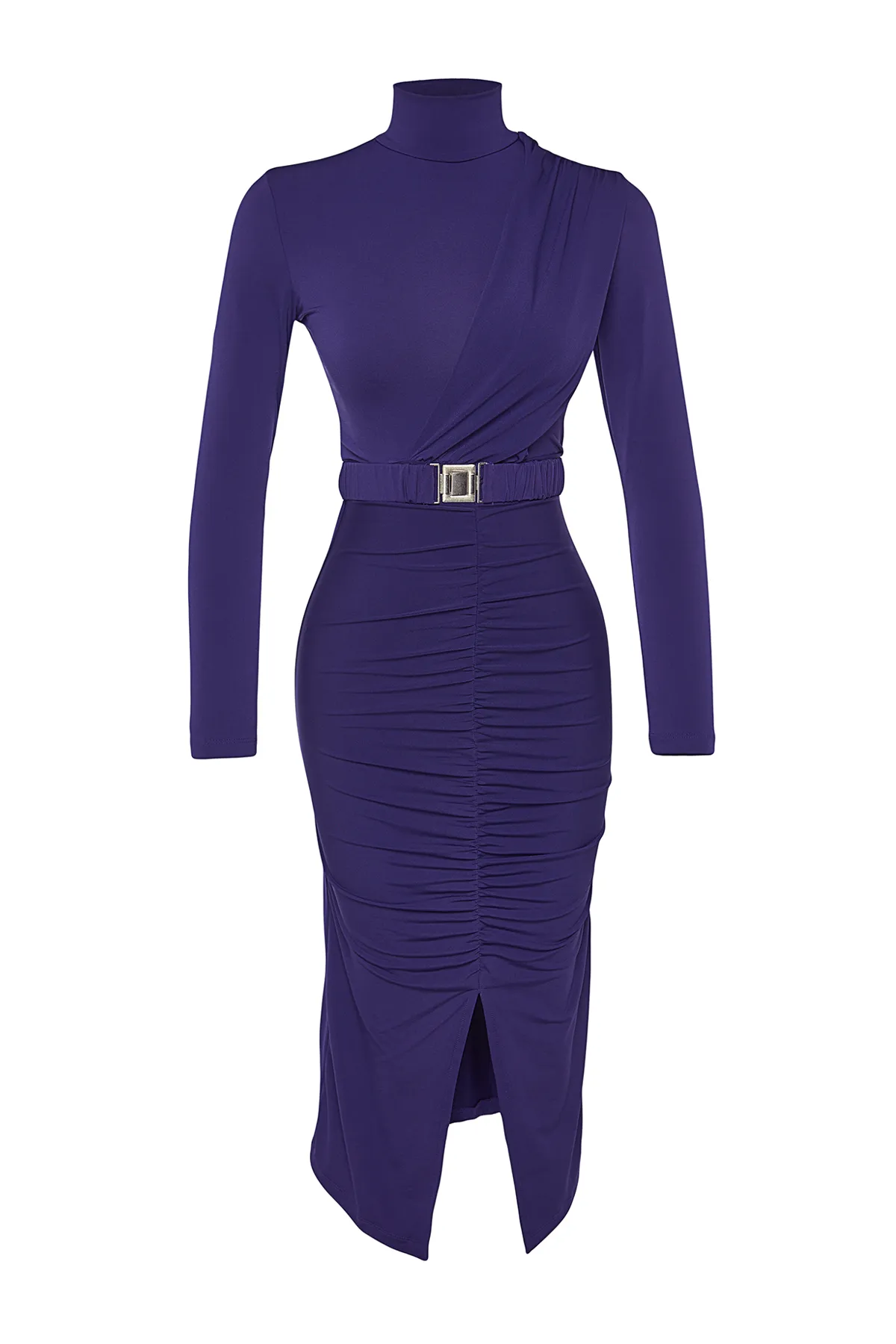 Trendyol Collection  Dunkellila, figurbetontes, hochgeschlossenes, drapiertes Strickkleid mit Gürtel TWOAW22EL0434