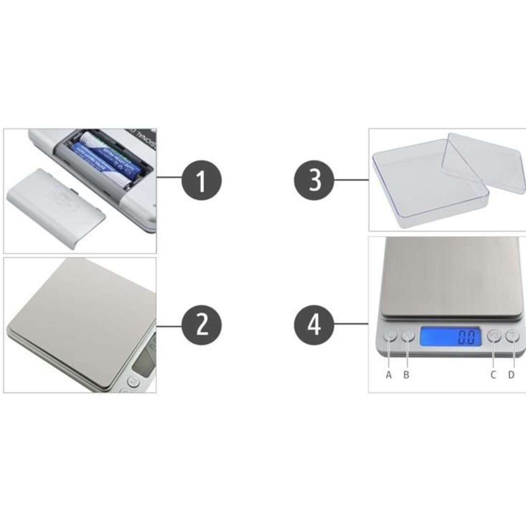 ISO TRADE Küchenwaage Küchenwaage 2 kg, (Goldwaage Präzisionswaage Digitalwaage, 4-tlg., wiegen, Waage, 2kg, LCD Display), Feinwaage Digitale