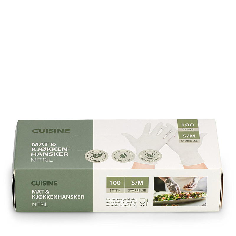 Cuisine Engangshanske 100-pk str S/M nitril hvit