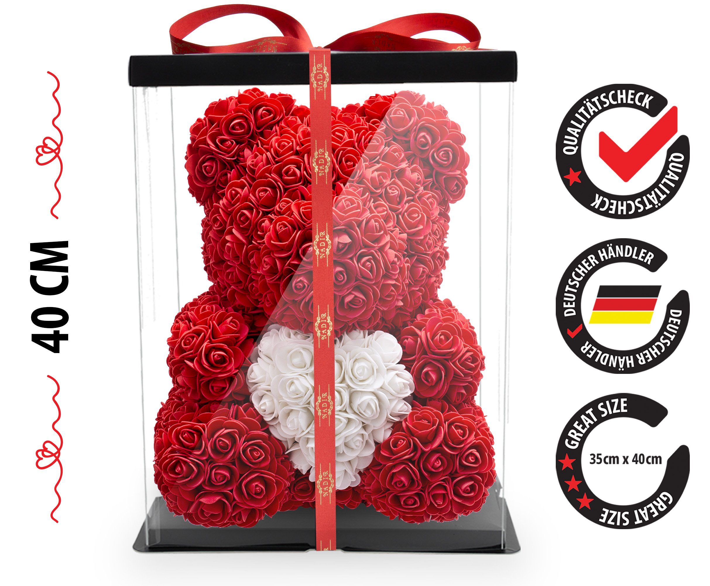 Kunstblume Rosenbär 40 cm inkl. Geschenkbox mit Herz - Geschenk für Freundin Jahrestag Geburtstag Hochzeit, NADIR, Größe: 40 cm, inklusive Geschenkbox
