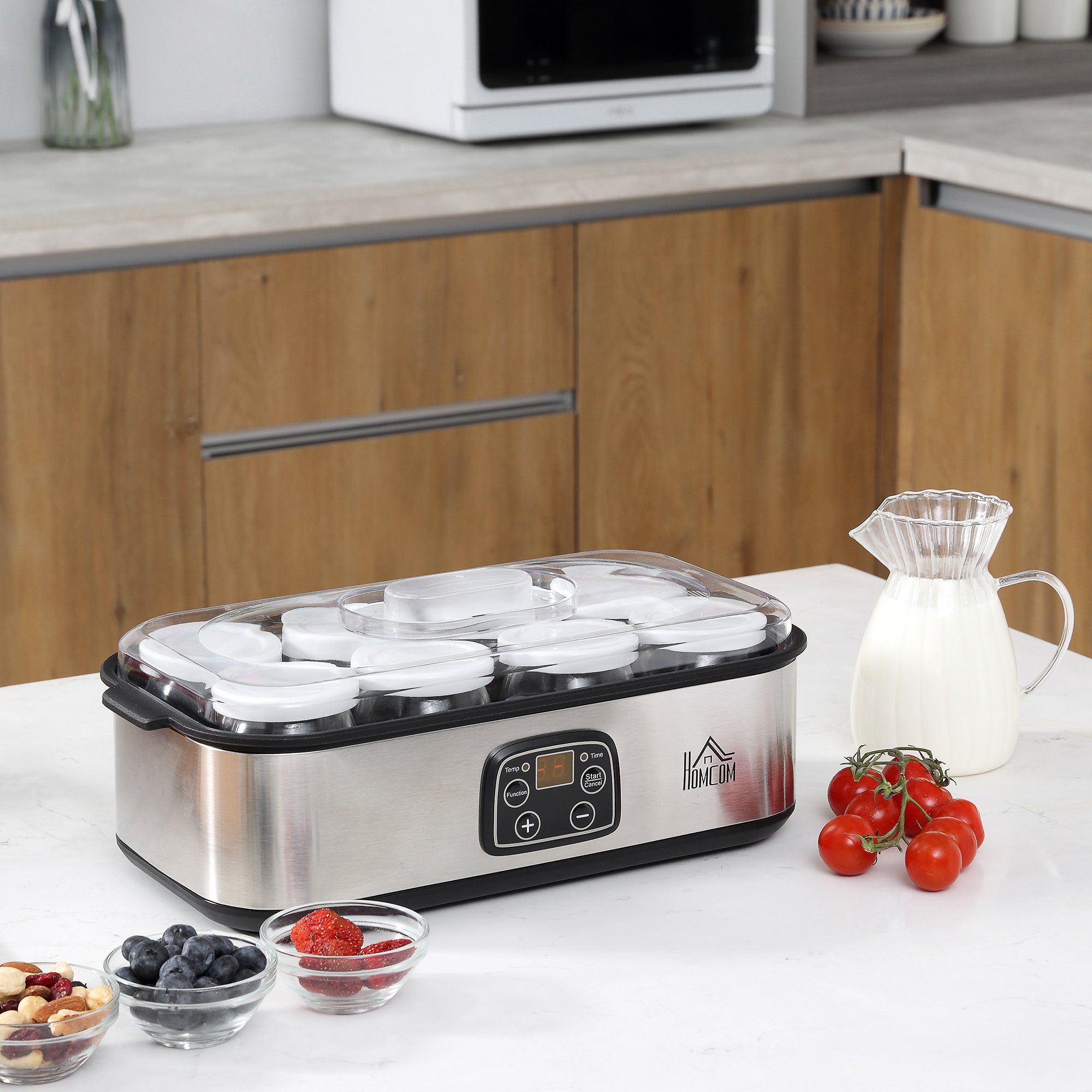 HOMCOM Joghurtbereiter Joghurtbereiter, 8 Portionsbehälter, je 180 ml, Joghurtmaschine 8 Joghurtgläser einstellbar PC PP Silber