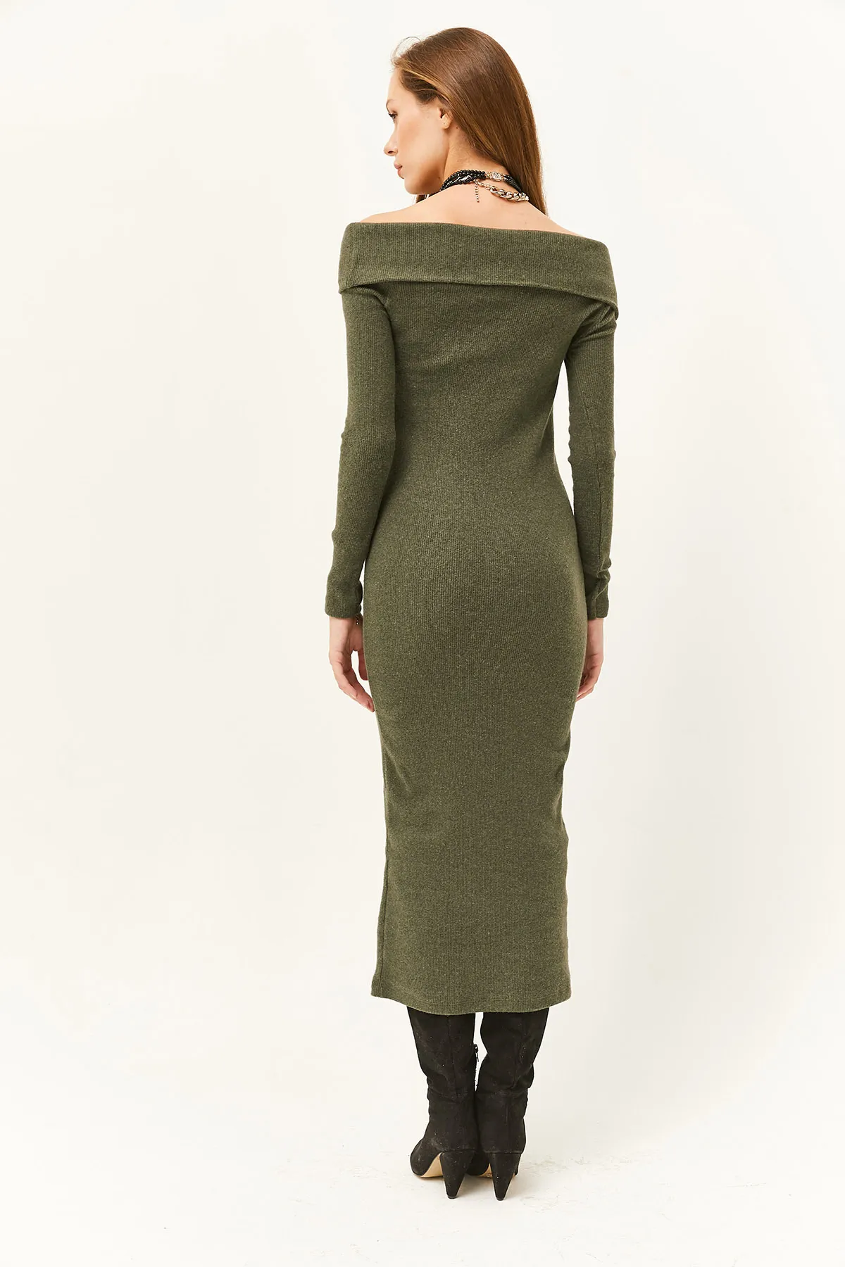 Olalook  Khakifarbenes langes Lycra-Kleid mit Madonna-Kragen für Damen ELB-19000752