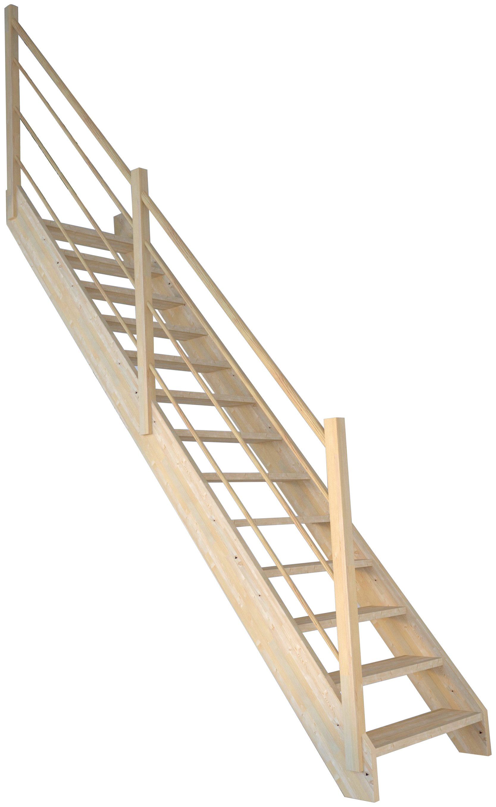 Starwood Raumspartreppe Massivholz Korfu, Holz-Holz Design Geländer Links, für Geschosshöhen bis 300 cm, Stufen offen, Durchgehende Wangenteile