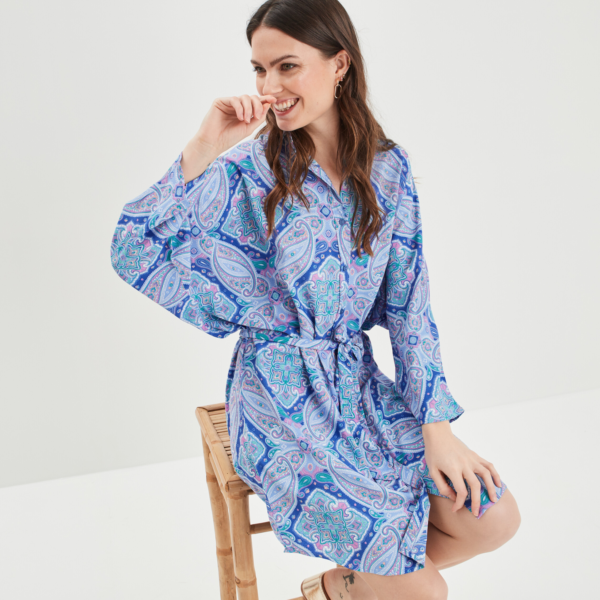 Robe chemise droite fluide ceinturée bleu femme | La Halle