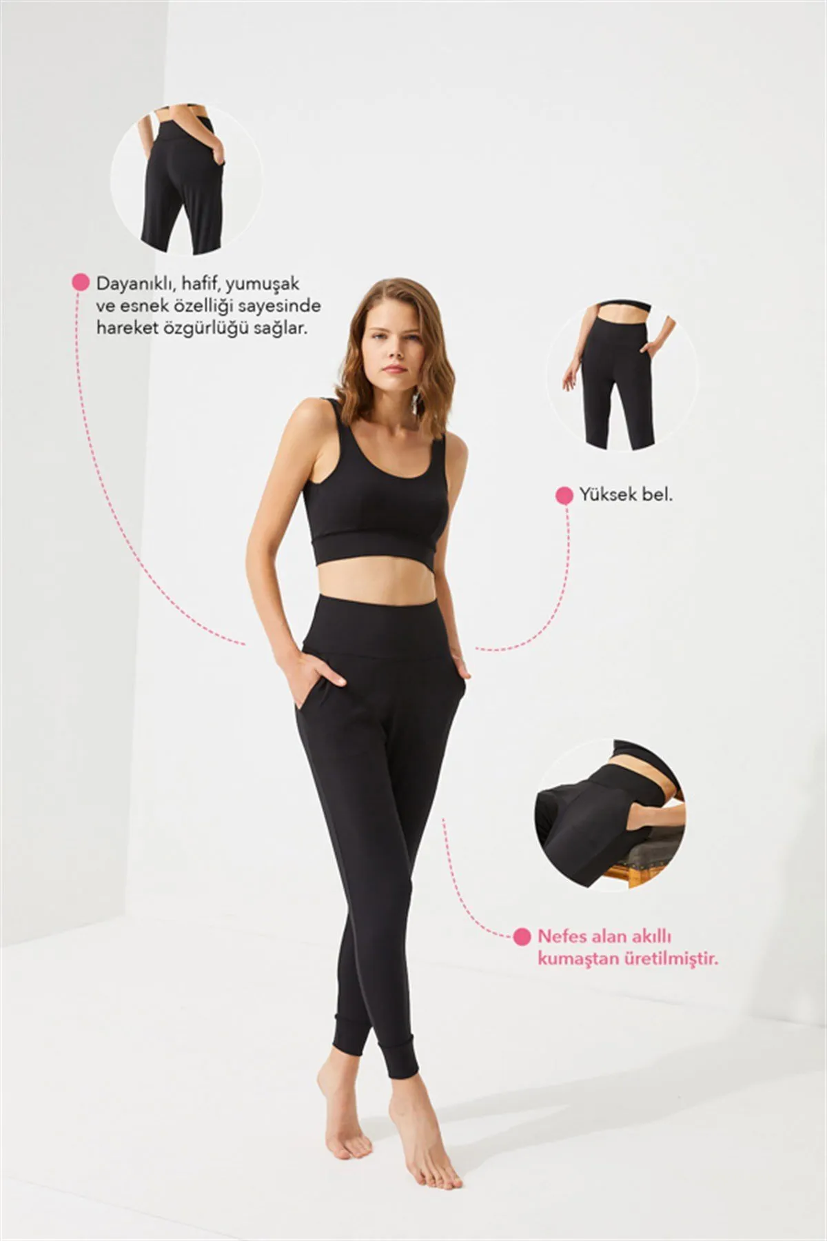 Cottonhill  Schwarze Damen-Jogger-Jogginghose mit hoher Taille und doppelten Taschen