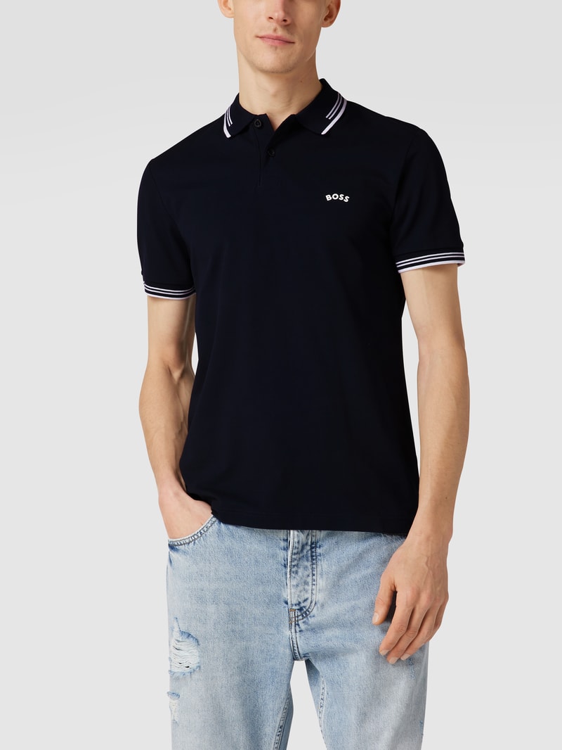 Slim Fit Poloshirt mit Kontraststreifen Modell 'Paul Curved' in dunkelblau