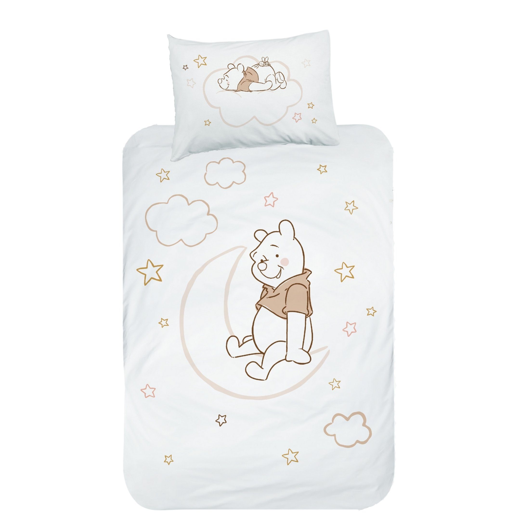 Babybettwäsche Winnie Pooh 100x135 + 40x60 cm, 100 % Baumwolle Biber, MTOnlinehandel, Flanell, 2 teilig, 's Winnie Pooh, Mond & Sterne für Kinder, Mädchen und Jungen