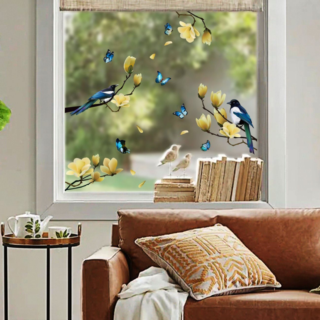 Fenstersticker Dekorative Wandaufkleber mit Pflanzenzweigen, Blumen und Vögeln, Union Reisen