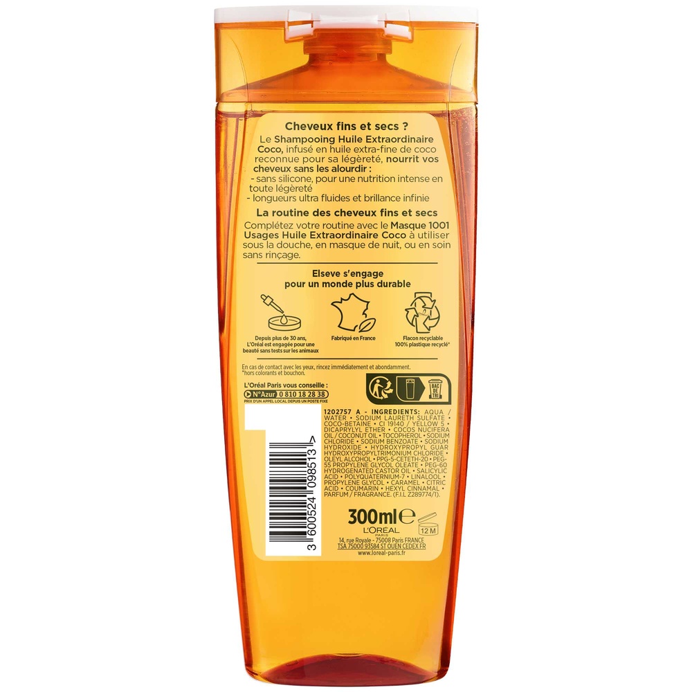 L'Oréal Paris Elseve Huile Extraordinaire Shampooing Coco 300ml Shampoing cheveux secs